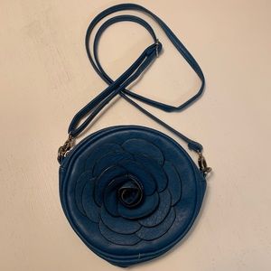 Leather flower crossbody purse in bright blue